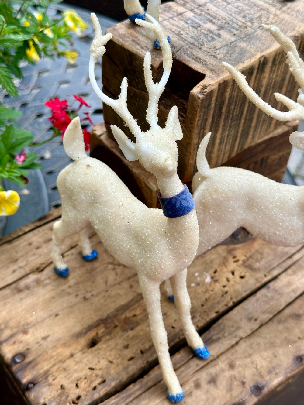 Vintage Retro Glitter Reindeer Deer Set of 3 Blue Velvet Christmas Decor - Picture 4 of 8